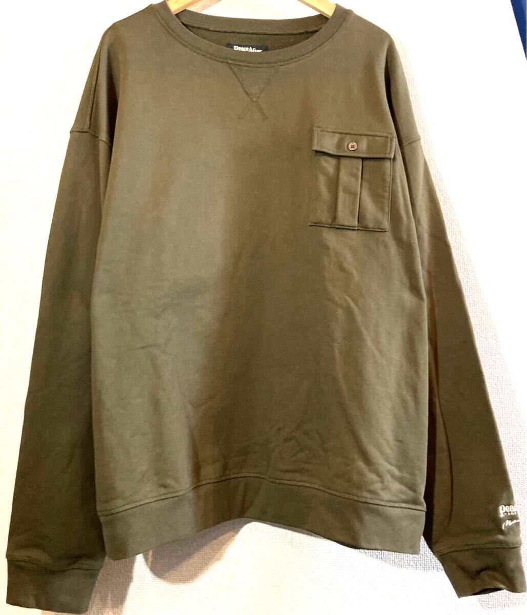PEACE AND AFTER★スウェット★ロゴデザイン★前V★ガゼット★バックプリント★ピースアンドアフター★定価18,000円★カーキ★XL★極美品拍卖