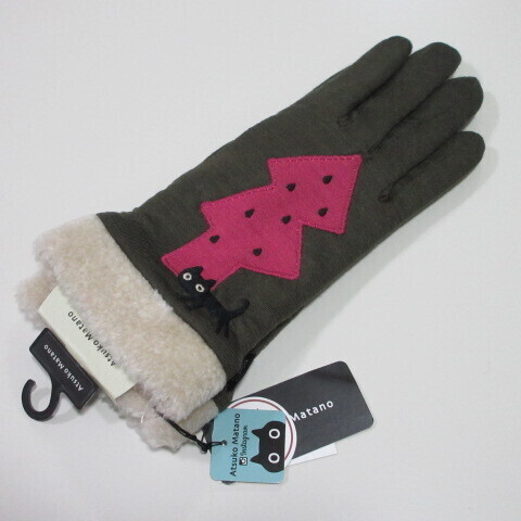 レディース手袋【Atsuko Matano】マタノアツコ手袋 子猫のMEME BEBE 裏地カシミヤ混 ネコ 日本製/カーキ拍卖