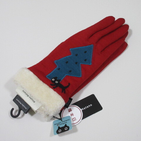 レディース手袋【Atsuko Matano】マタノアツコ手袋 子猫のMEME BEBE 裏地カシミヤ混 ネコ 日本製/レッド拍卖