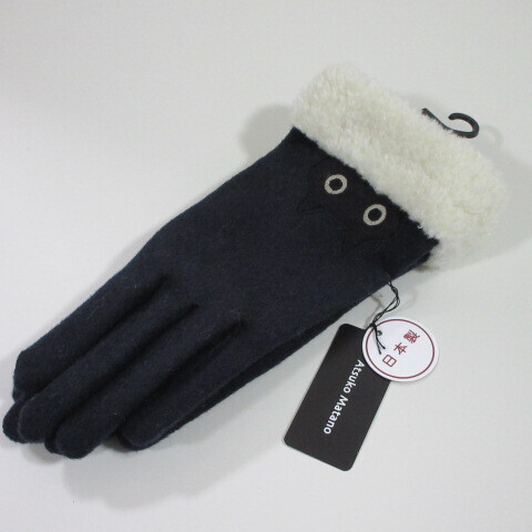 レディース手袋【Atsuko Matano】マタノアツコ手袋 MEME ネコ 日本製/ネイビー拍卖
