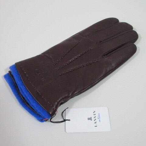 メンズ手袋/革手袋【LANVIN en Bleu】ランバンオンブルー羊革手袋/ステッチ 裏地カシミヤ混 24/赤茶拍卖