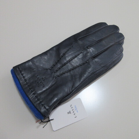 メンズ手袋/革手袋【LANVIN en Bleu】ランバンオンブルー羊革手袋/ステッチ 裏地カシミヤ混 25/ネイビー拍卖