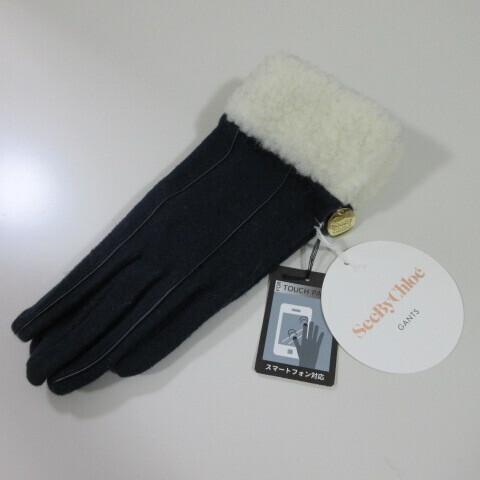 【SeeBy chloe】シーバイクロエ手袋 スマホ対応 カシミヤ混紡 装飾ライン羊革 ロゴチャーム/ネイビー拍卖