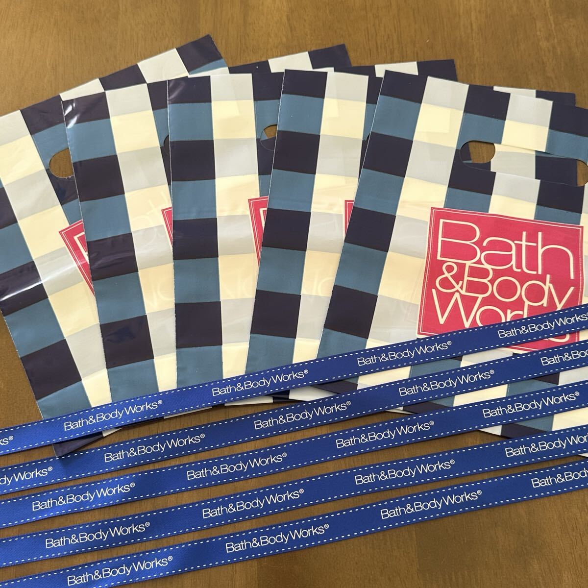 Bath&BodyWorks バスアンドボディワークス 手提げビニール袋 青リボン 5セット ラッピング ギフトバッグ プレゼント ショッパー ショップ袋拍卖