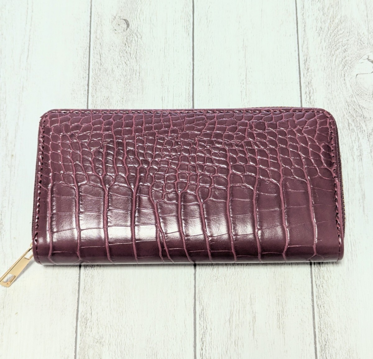 新品 クロコ 型押し 長財布 ラウンドファスナー 合皮 財布 ワイン拍卖