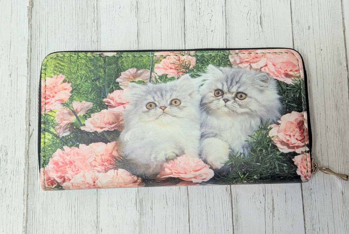 ネコ 猫 ねこ プリント ラウンドファスナー 長財布 財布 ペルシャ 拍卖