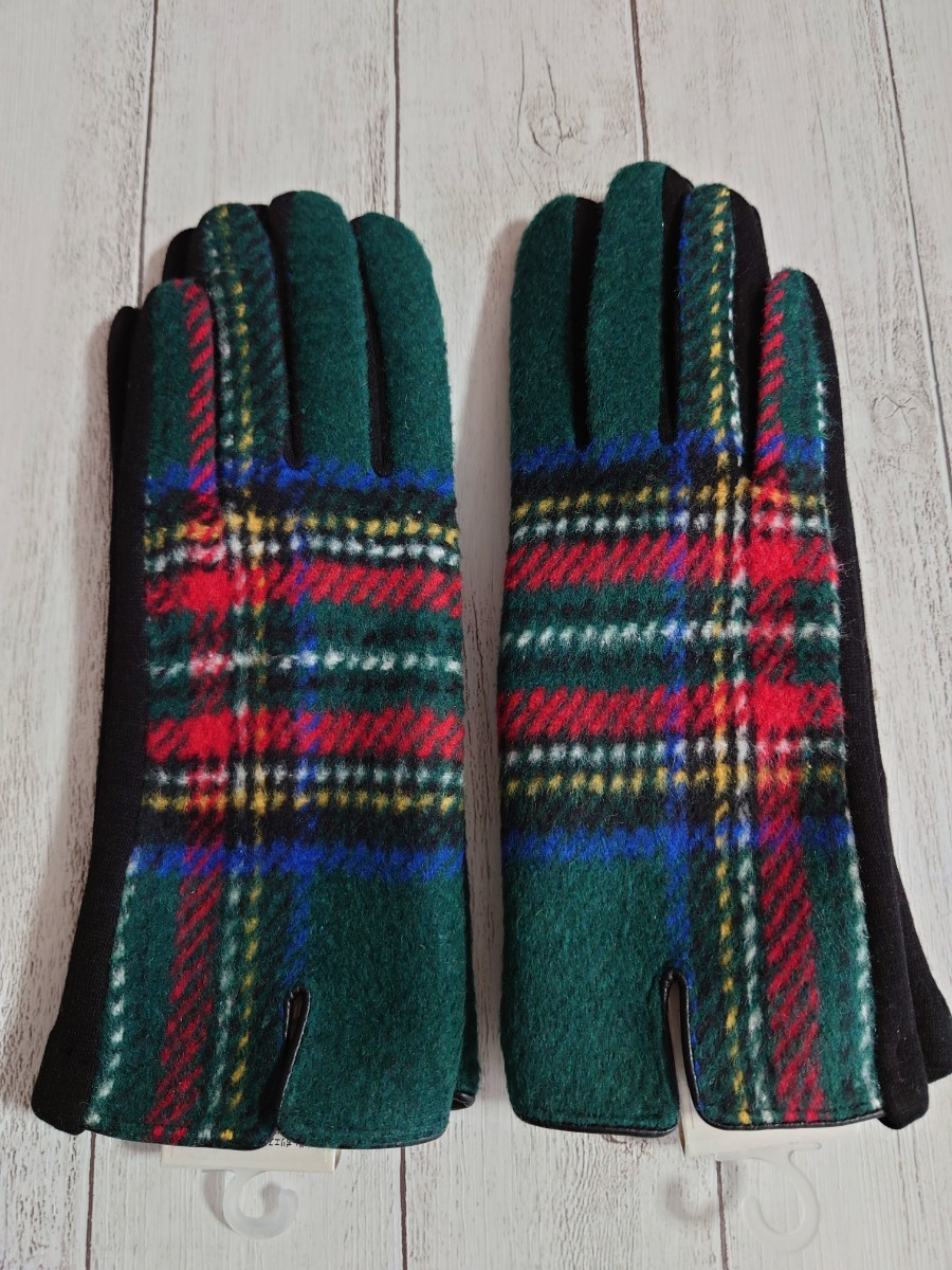 新品 レディース 手袋 チェック 裏起毛 みどり ストレッチ スマホ グリーン拍卖