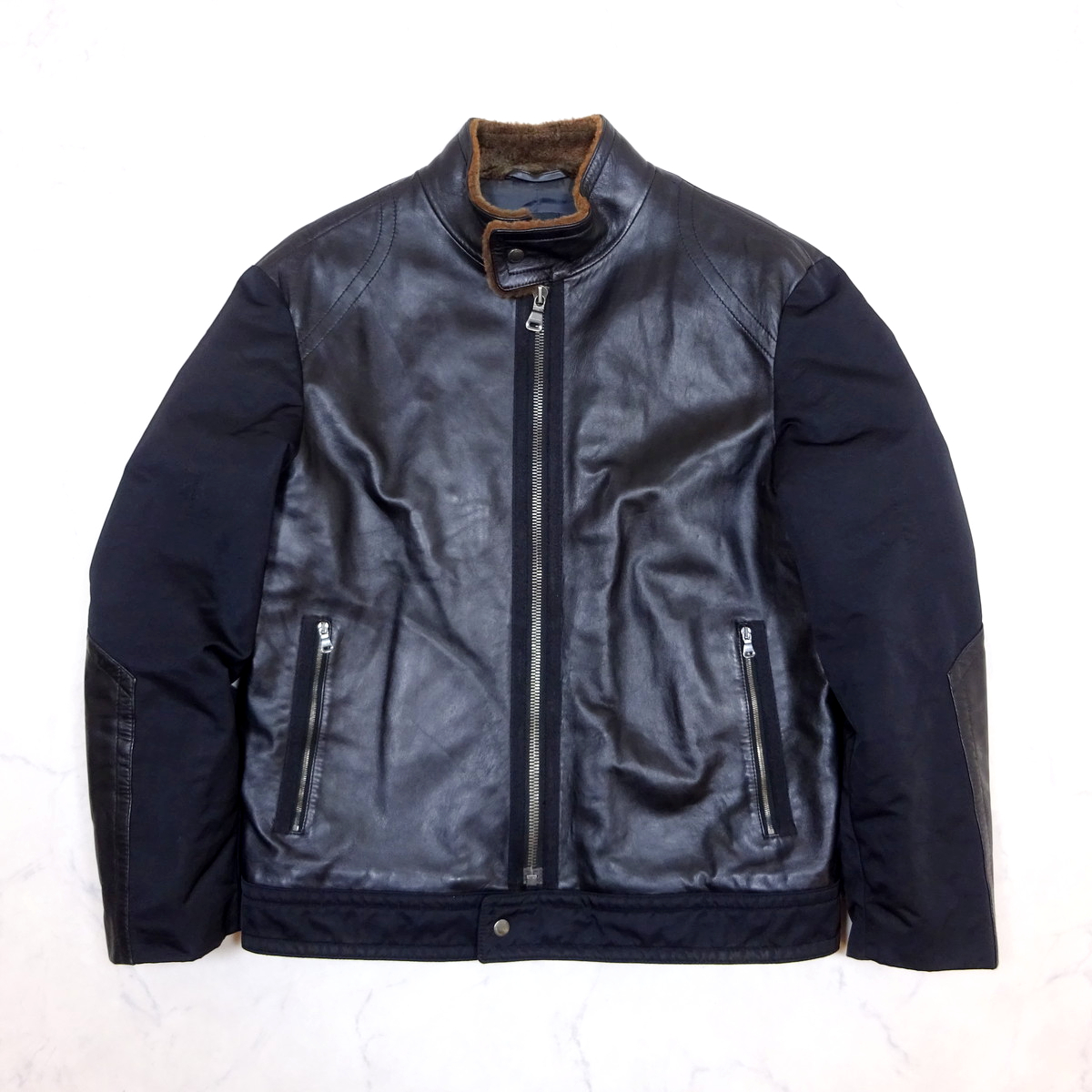 HUGO BOSS 美品 ヒューゴボス レザージャケット 羊革 切替 黒 ライダース 襟ボア size 48拍卖