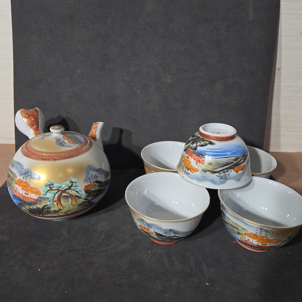 九谷焼 永山 茶器セット 金彩 茶器 煎茶道具 茶道具 湯呑 急須 レトロ拍卖