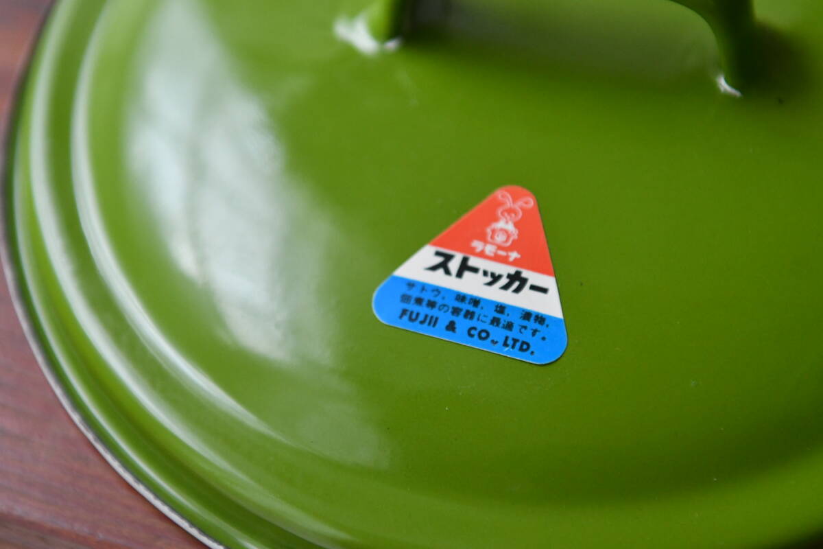 レトロ可愛い黄緑色のホーローストッカー うさぎマーク寸胴調味料乾物キャニスター 保存容器 ペットのごはん容れ琺瑯ビンテージカフェ雑貨拍卖