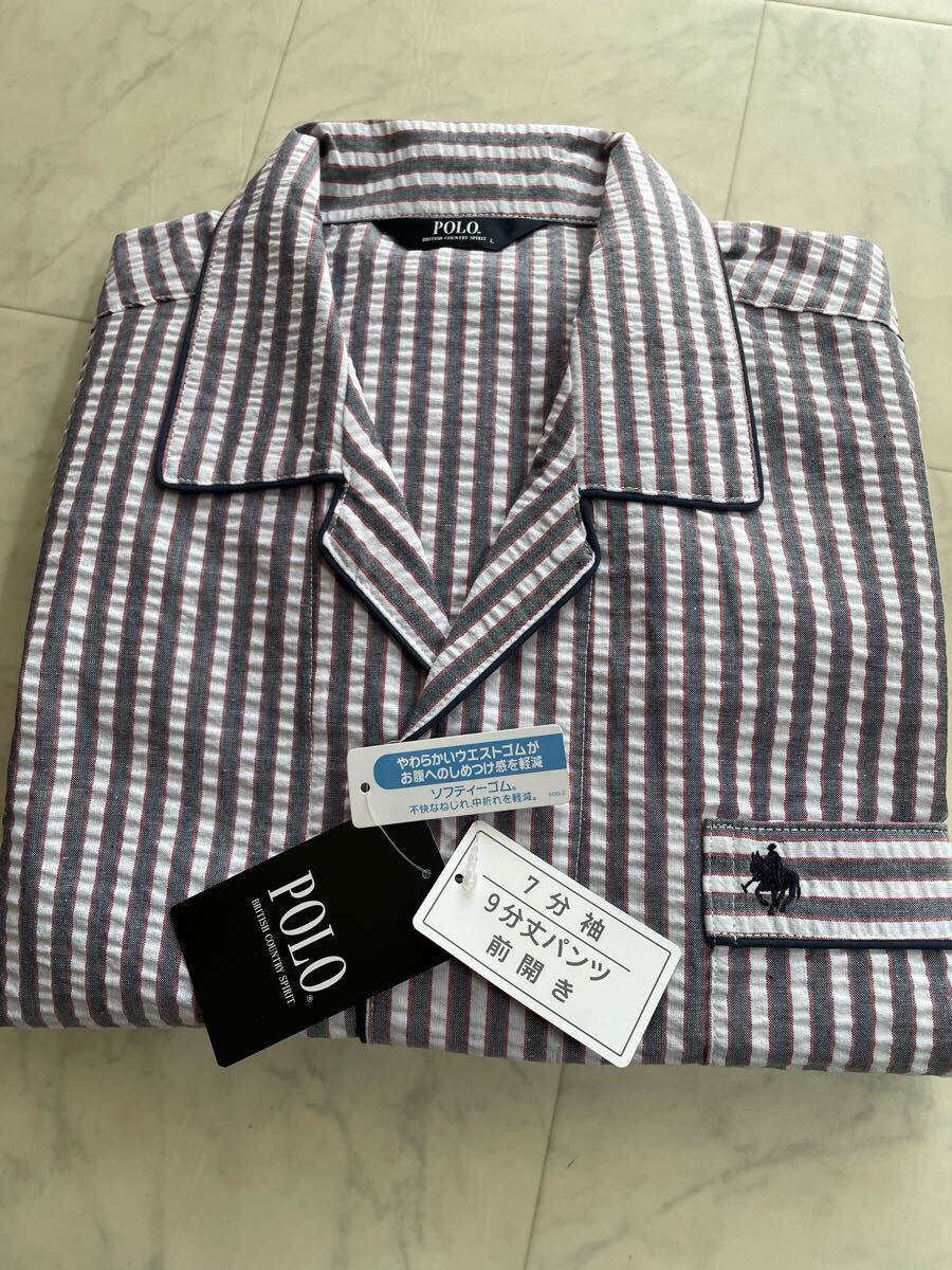 新品 POLO 紳士 7分袖パジャマ メンズ しじら生地 サイズ M ストライプ 冷房対策拍卖