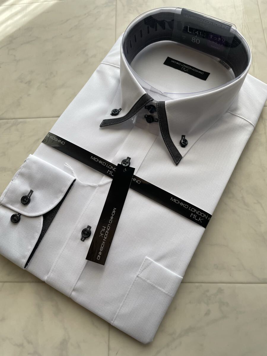 新品 MICHIKO LONDON ミチコロンドン カッターシャツ ワイシャツ L 41-80 白 すつきりシルエット拍卖