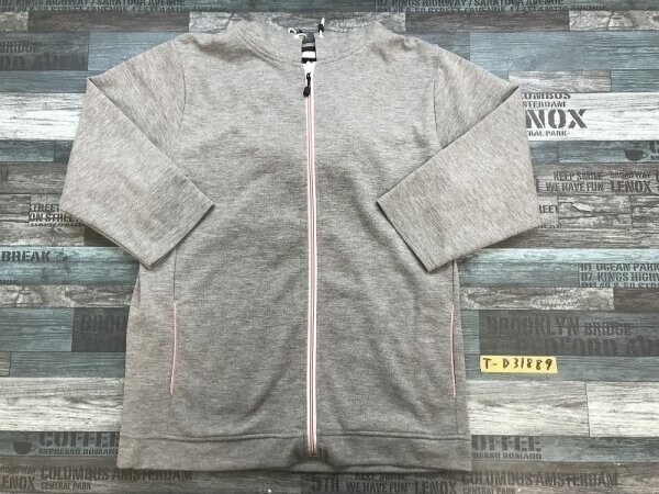 ikka イッカ レディース ライン入 七分袖 フーディー パーカー 大きいサイズ XL 杢グレー白赤拍卖