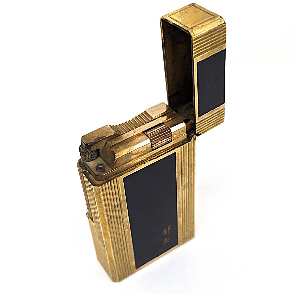 【10093】エス・テー・デュポン S.T.DUPONT ガスライター 喫煙具 ゴールドカラー ブラックラッカー コレクション 刻印 ブランド 火花〇拍卖