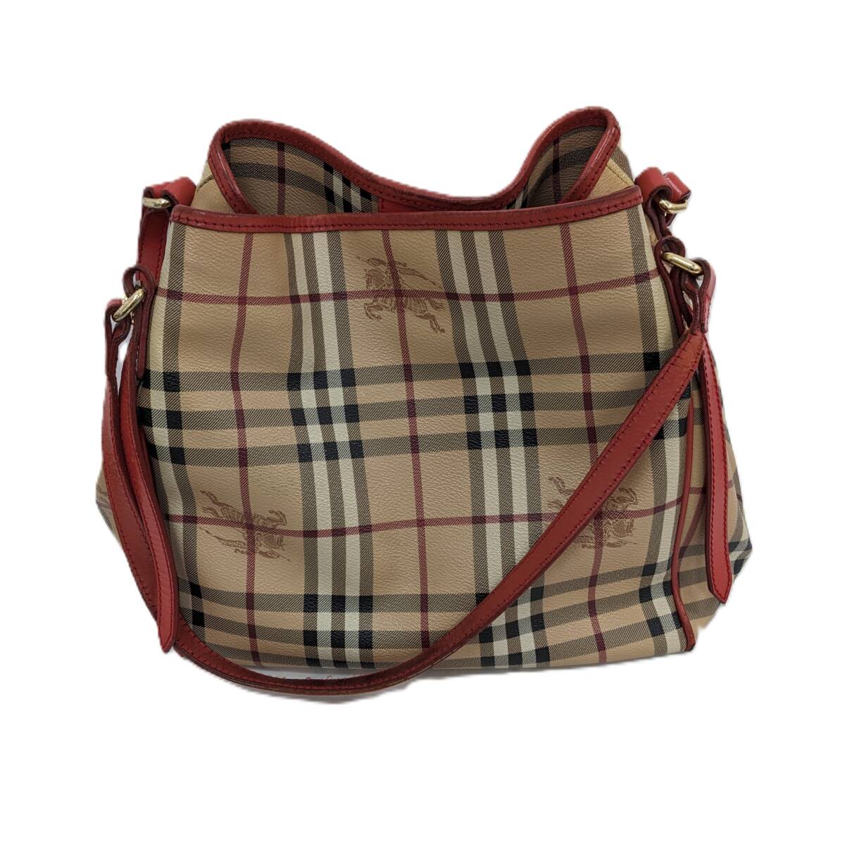 【10115】バーバリー BURBERRY ヘイマーケット チェック ショルダー トート コーテッド キャンバス バッグ ベージュ ミリタリーレッド 鞄拍卖