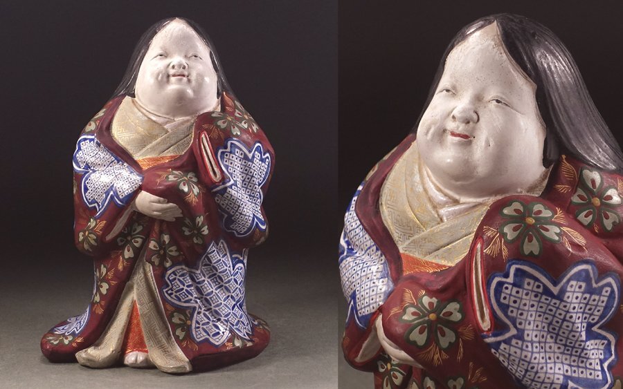 ∇花∇幕末の陶工【三浦乾也(六世乾山・天禄堂)】作 希少な土人形 彩色お多福人形 乾也銘 胡粉・泥絵具・金彩による華やかな彩色拍卖