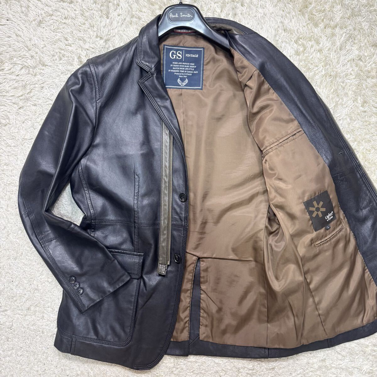 美品◎Lサイズ◎ジーステージ G-Stage メンズ レザージャケット テーラード ライダース ブラック 黒 シープスキン ラムレザー 羊革 光沢感 拍卖