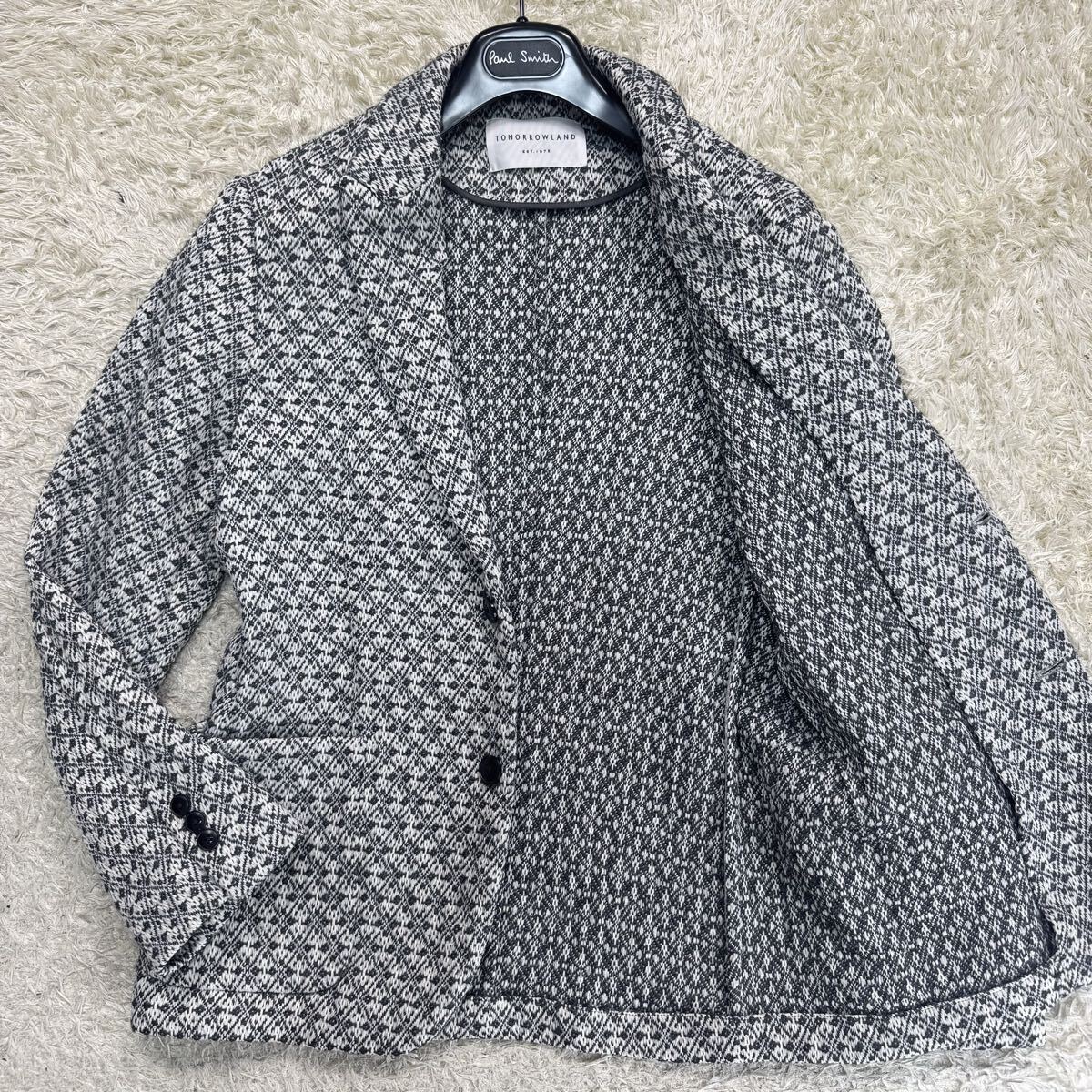 美品◎Lサイズ◎トゥモローランド TOMORROWLAND 編み込みニット テーラードジャケット ウールミックス メランジ ホワイト メンズ拍卖