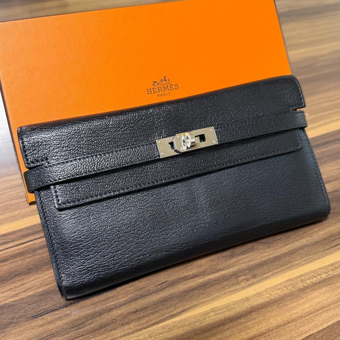 ★美品 X刻印★HERMES エルメス 財布 ケリーウォレット ブラック ノワール シルバー金具 メンズ レディース ユニセックス拍卖