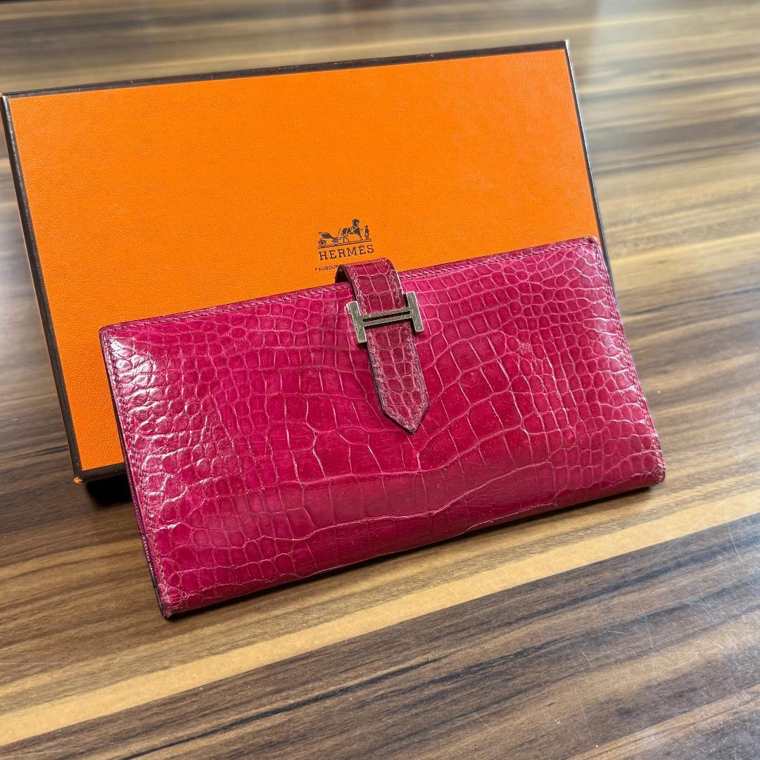 ★鑑定済み 美品★HERMES エルメス 財布 ベアン スフレ アリゲーター クロコ □J刻印 箱あり♪ 二つ折り 折りたたみ拍卖