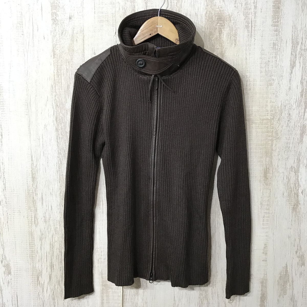 915☆【細身 タイト 山羊革 ゴートレザー使い ニットジャケット】AVIREX アヴィレックス 茶 L拍卖