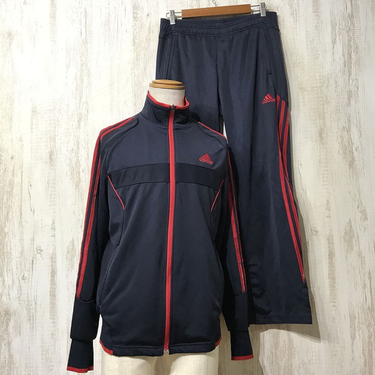 J410☆【CLIMALITE ジャージ セットアップ】adidas アディダス トラックジャケット パンツ 紺 赤 L拍卖