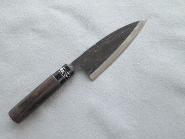 青紙スーパー鋼「無名」片刃鯵切 4寸焼栗柄拍卖
