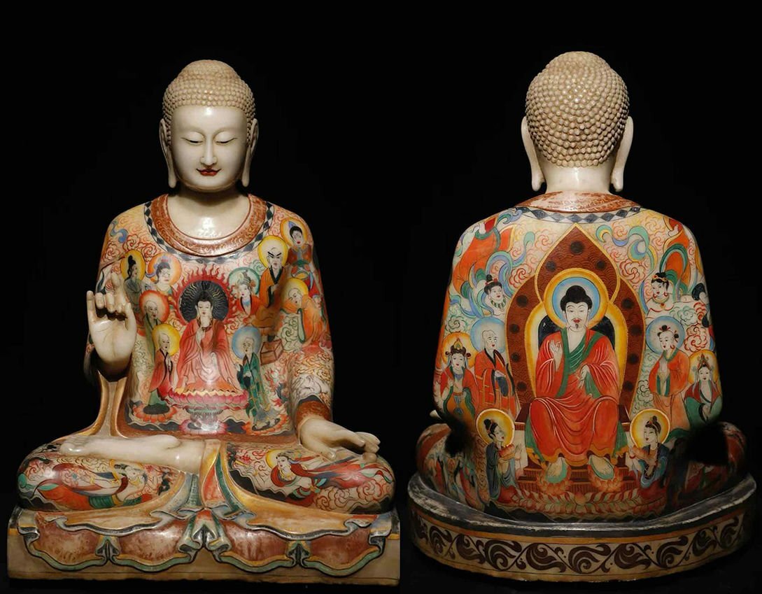 ▼渡鶴羽▼R5957北斉時代 漢白玉彩絵 仏像 漢白玉石細工彫刻★仏教古美術★仏像★細密細工★廃寺旧蔵★廃寺買出品拍卖