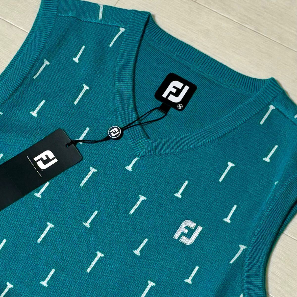 新品◆フットジョイ FootJoy ティー柄 保温 Vネックニットベスト/エメラルドグリーン/サイズM拍卖