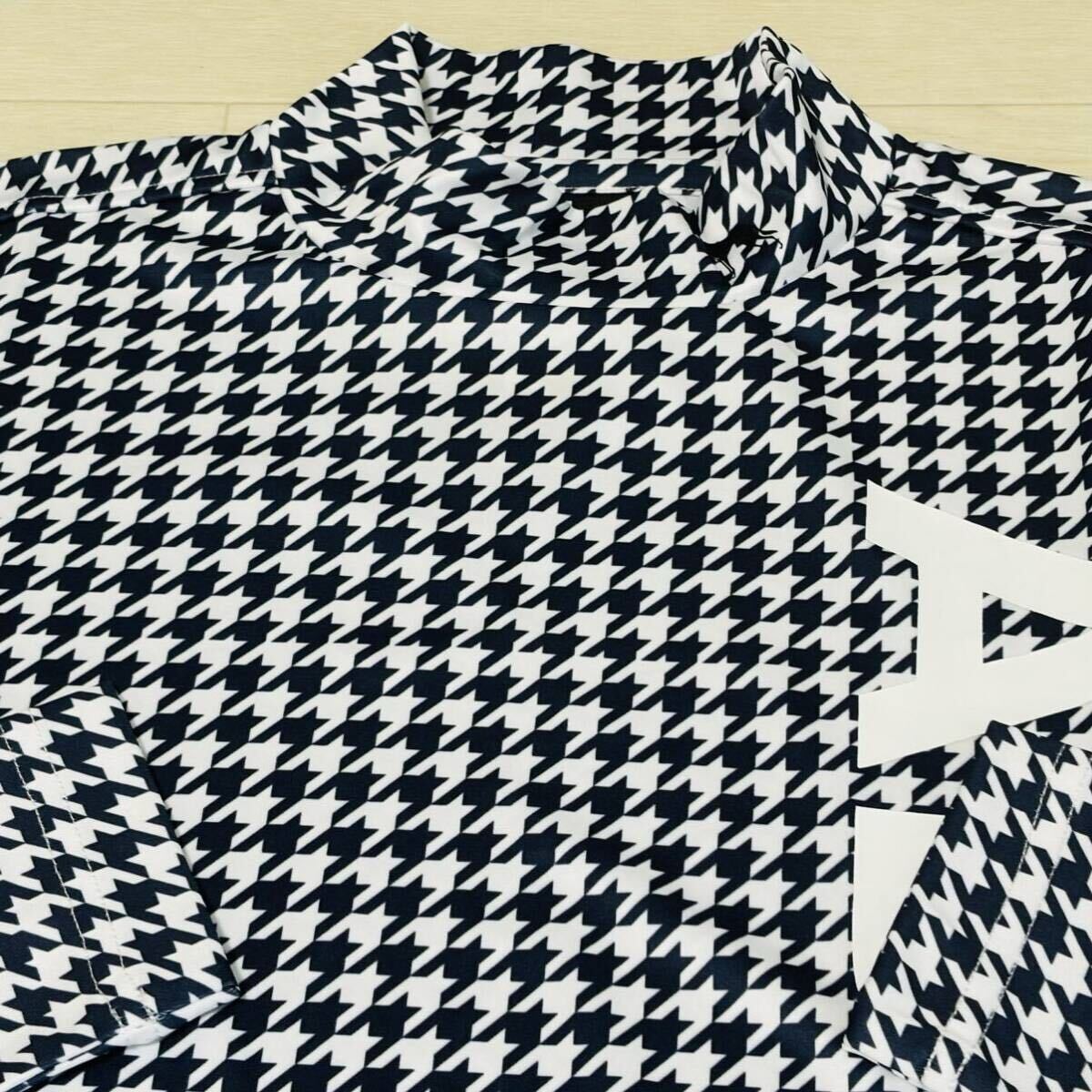 新品★アダバット ゴルフ adabat golf 千鳥総柄 吸汗速乾 長袖モックネックシャツ/ネイビー/サイズL拍卖