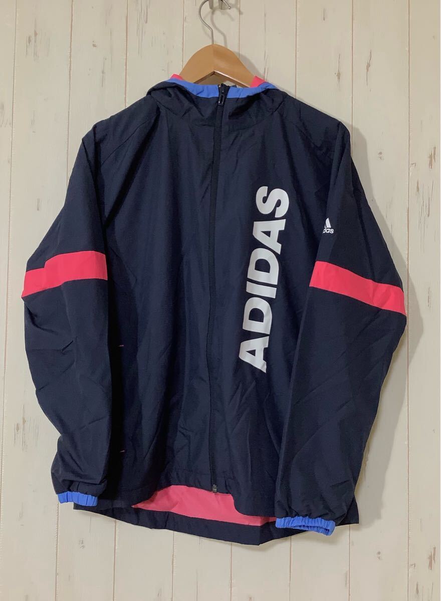 た1760 adidas アディダス フード付きウインドブレーカー フーディジャケット L レディース ネイビー/ピンク ロゴプリント CLIMASTORM拍卖