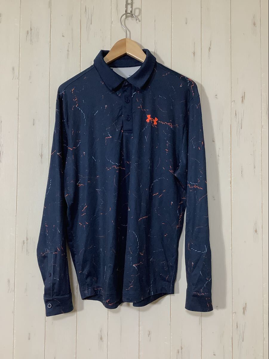こ1768 UNDER ARMOUR アンダーアーマー メッシュ長袖ポロシャツ LG ネイビー ロゴプリント LOOSE ヒートギア拍卖