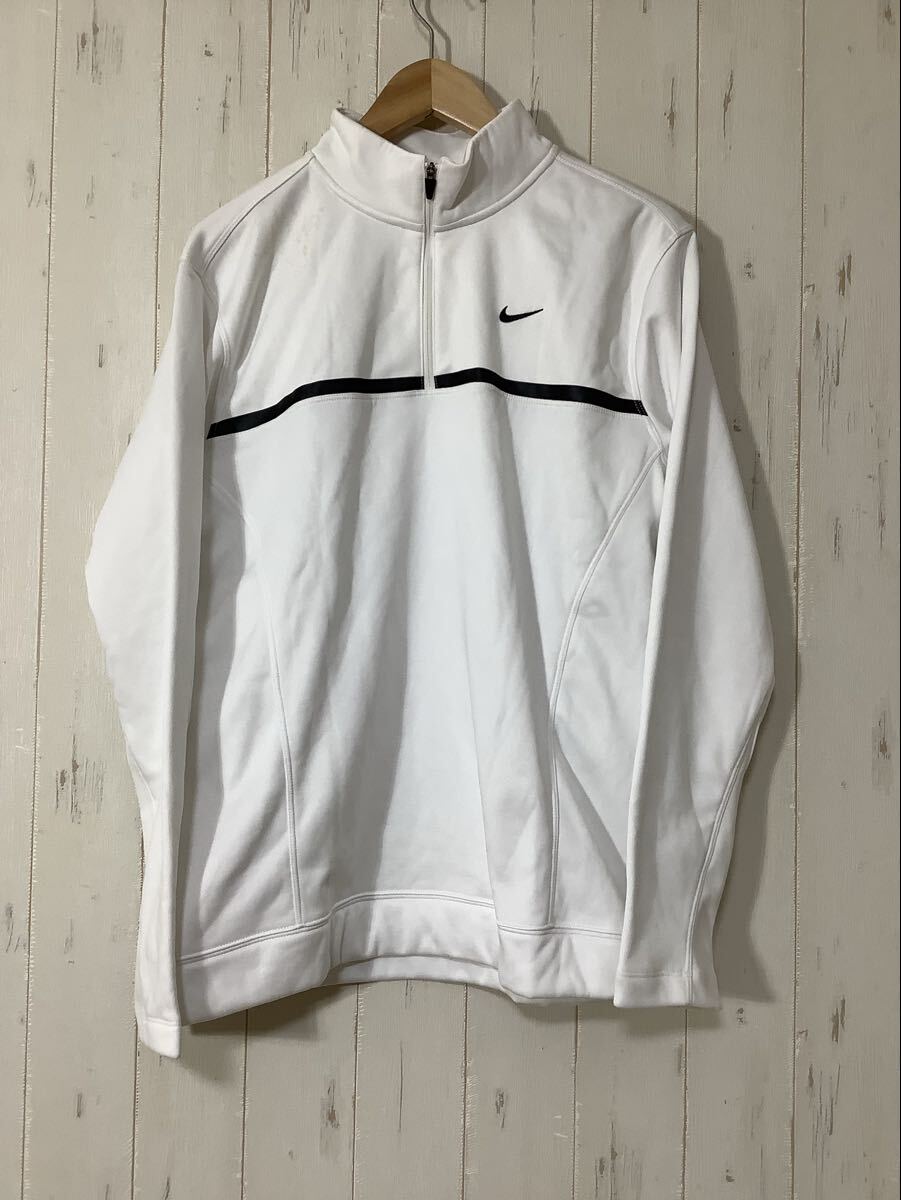 さ1707 NIKE GOLF TOUR PERFORMANCE ナイキゴルフ サーマフィットハーフジップカバーアップ S ホワイト ロゴ刺繍 THERMA-FIT 裏起毛拍卖