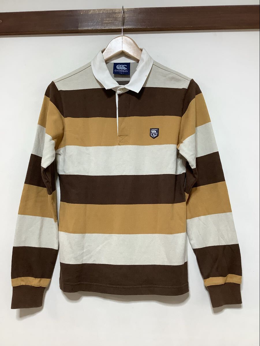 さ1760 Canterbury カンタベリー 長袖ポロシャツ 長袖ラガーシャツ レディース L ボーダー ブラウン/ライトブラウン/ベージュ拍卖
