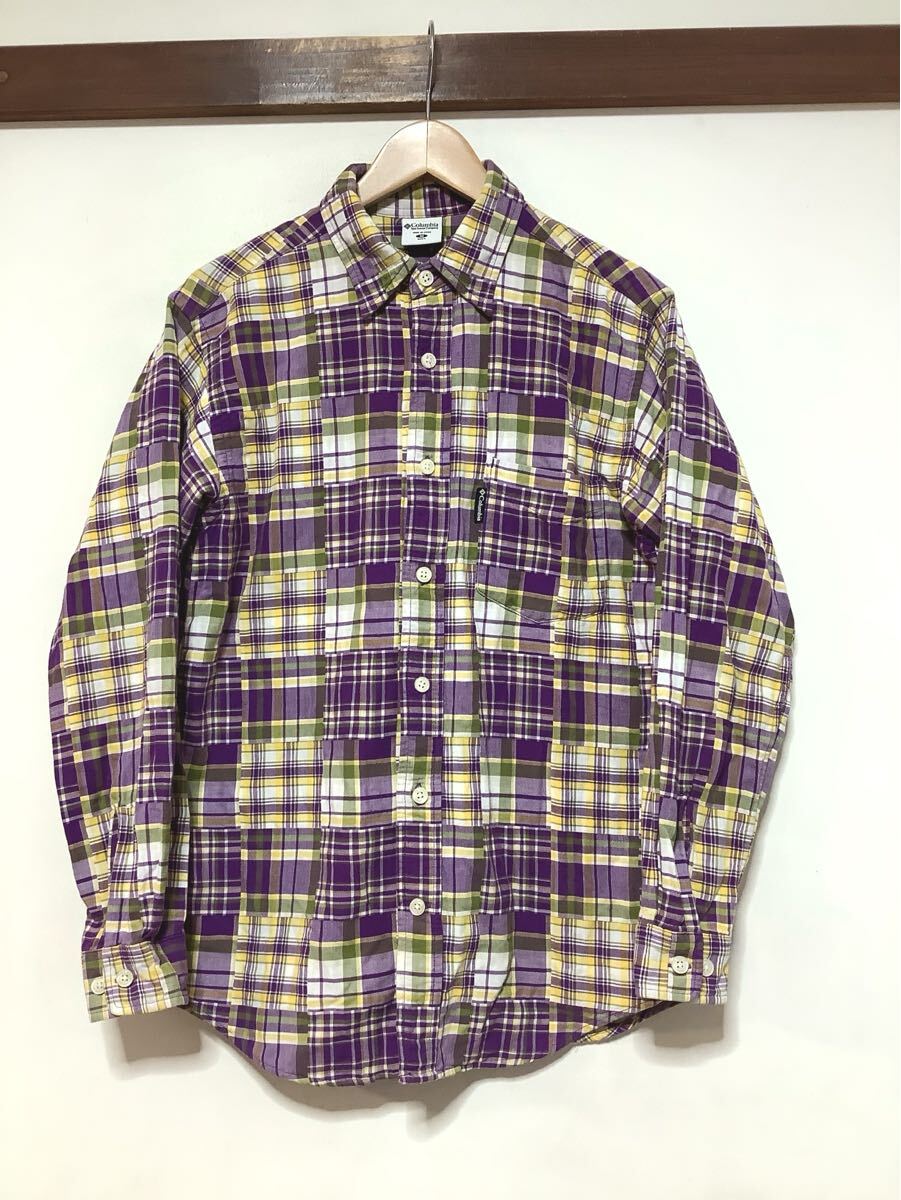 し1753 Columbia コロンビア パッチワークチェック風 長袖シャツ M パープル/イエロー/ホワイト PM7704拍卖