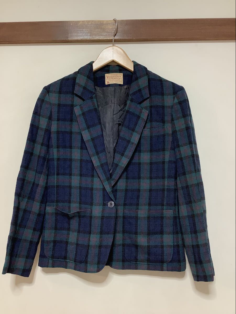 す1750 USA製 PENDLETON ペンドルトン ビンテージ チェック ウールテーラードジャケット レディース 6 グリーン/ネイビー/レッド 1ボタン拍卖