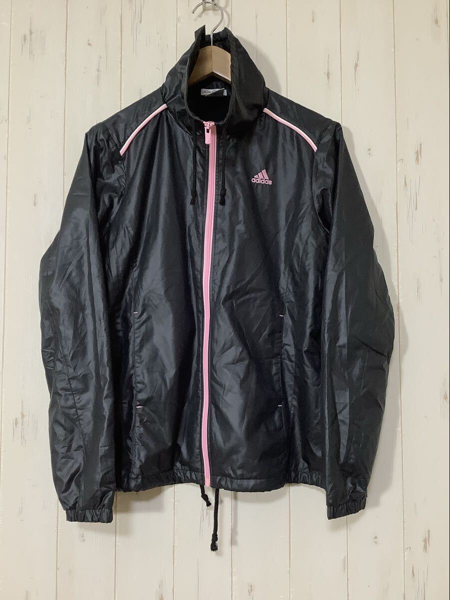 せ1704 adidas アディダス ウインドブレーカー ウインドジャケット L レディース ブラック ロゴ刺繍 CLIMAPROOF拍卖