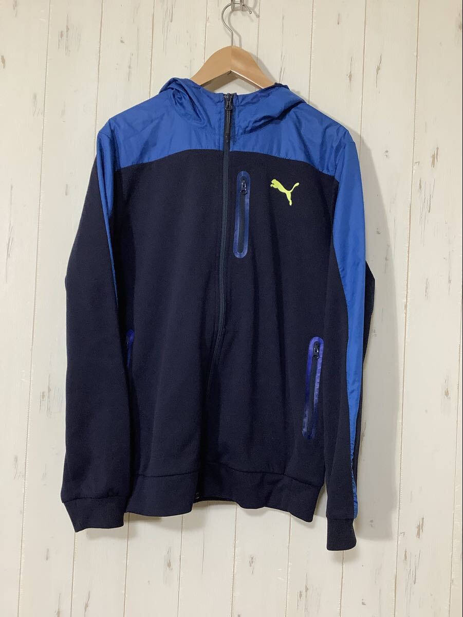せ1705 PUMA プーマ フーデットジャケット ジップアップパーカー XO ネイビー/ブルー ロゴプリント DRYCELL拍卖