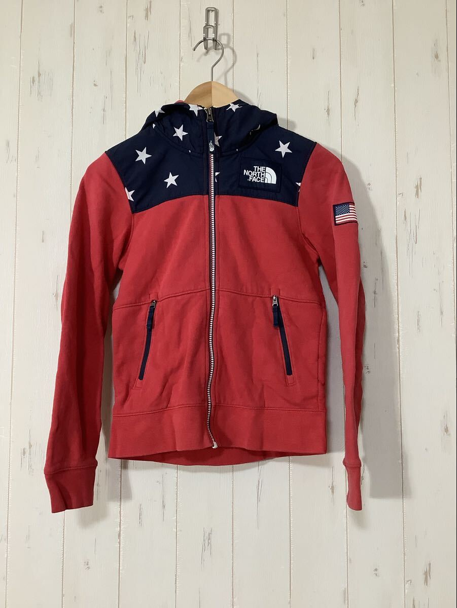 せ1707 THE NORTH FACE ノースフェイス 星条旗柄 ジップアップパーカー レディース レッド/ネイビー ロゴワッペン 裏起毛拍卖
