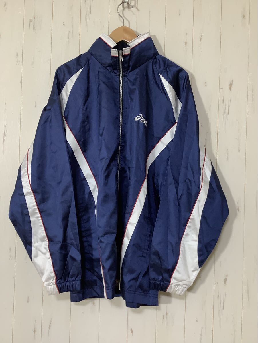 せ1708 asics アシックス ウインドブレーカー ウインドジャケット O ネイビー/ホワイト ロゴ刺繍 裏メッシュ拍卖