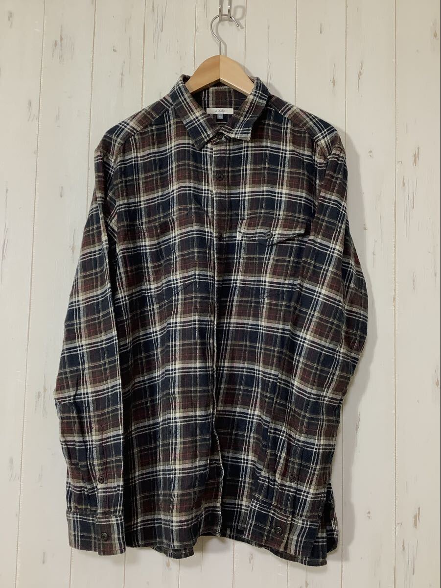 せ1769 AIGLE エーグル チェック柄 長袖ネルシャツ 長袖シャツ XL ネイビー/ブラウン/レッド拍卖