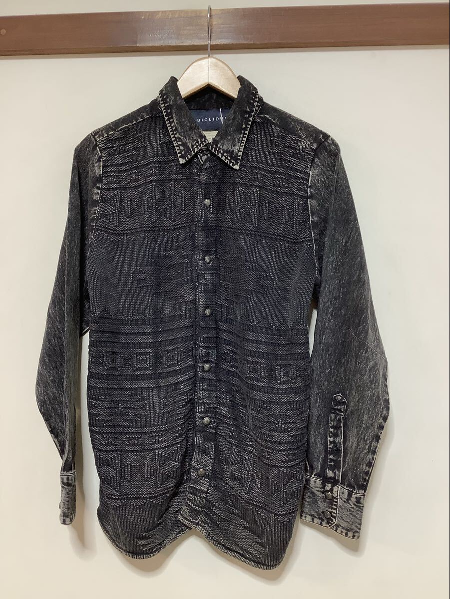 た1735 タグ付き BIGLIDUE ビリドゥーエ ネイティブ柄 ニット切り替えし 長袖シャツ ブラック M コンチョボタン タイト ユーズド加工拍卖