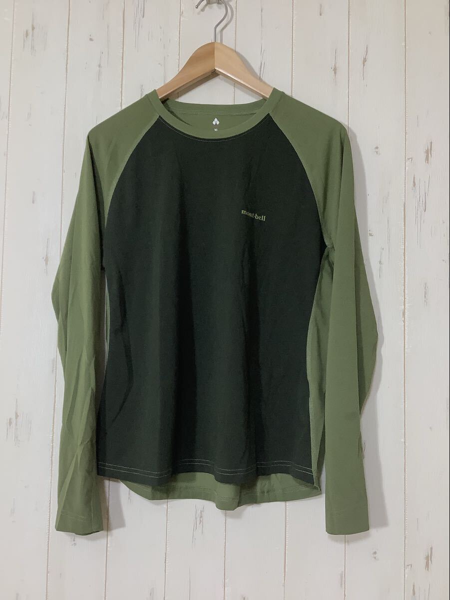 た1773 mont-bell モンベル 1114694 WIC.ラグラン ロングスリーブT XL レディース ダークグリーン ロゴプリント拍卖