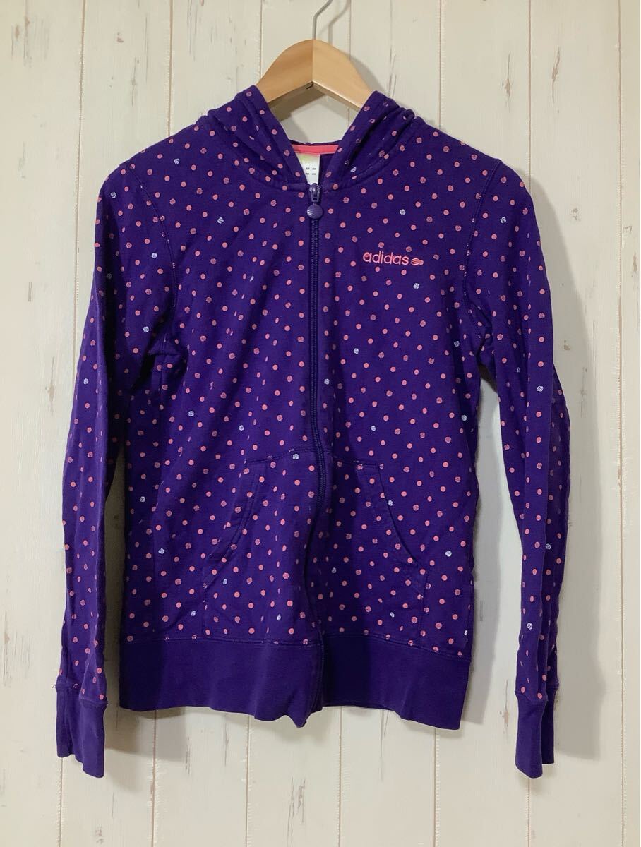 た1796 adidas NEO LABEL アディダスネオ ジップアップスウェットパーカー ドット柄 花柄 L レディース パープル ロゴ刺繍 裏パイル拍卖