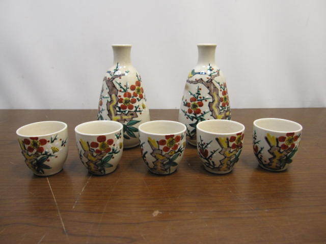◆九谷焼 九谷 酒器セット 徳利2本 お猪口5客 伝統美術陶器 梅鳥模様◆未使用◆菅-ME拍卖