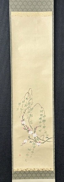 【真作】(極美品)上口景蜂「桃に柳図」紙本共箱 京都の人 検)/墨蹟/掛け軸/立ち雛 雛人形/茶掛け/茶道具/書画/花鳥/節句拍卖
