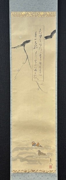 【真作】大和絵師 伊東直 藤原定家詠歌鳥倭歌「早梅に水鳥」井伊宗観十二ヶ月茶器より 紙本共箱 検)掛け軸/彦根/茶道具茶掛け花鳥/拍卖