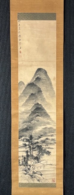 【模写】岡本緑邨「水墨山水図」紙本識箱 和歌山の人 検)紀州 紀伊南画/文人画 南宋画 墨蹟/書画/掛け軸/中国/日本画/花鳥拍卖