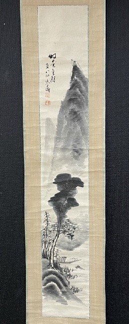 【模写】田能村直入「水墨山水図」紙本箱付 竹田師事 大分の人 検)南画 文人画 南宋画 書画 掛け軸 中国美術 山水 日本画/風景 水墨拍卖