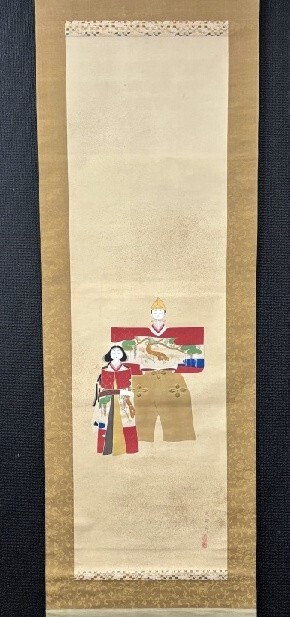 【模写】松本武雄「立雛図」 絹本共箱 菊池契月師事 京都の人 検)節句 花鳥 人物画雛祭り立雛/桃/掛け軸//三月/日本画/雛人形拍卖